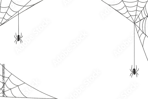 A spooky-themed design featuring spider webs in the corners and two hanging spiders on a dark, gradient background. Perfect for Halloween, haunted house invitations, or creepy decorations.