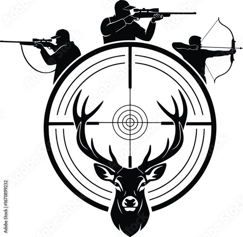Silhouette hunters aiming with rifle and bow targeting deer antlers inside scope graphic