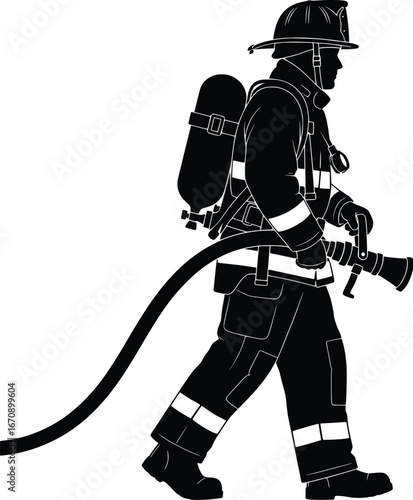 Firefighter silhouette in action holding hose ready to fight fires professional emergency responder