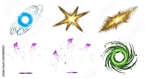 A vibrant collection of dynamic energy effects showcasing a burst of color and motion