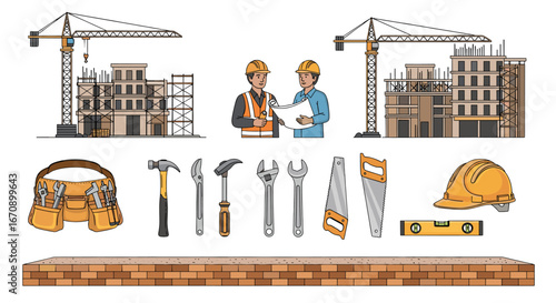 Construction workers collaborating on a blueprint near a building site, with various tools spread out in the front