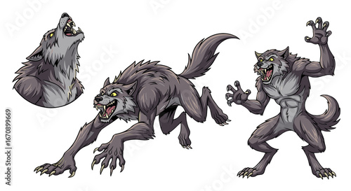 A fierce werewolf character in a dynamic pose, featuring sharp claws, and a menacing expression. halloween theme
