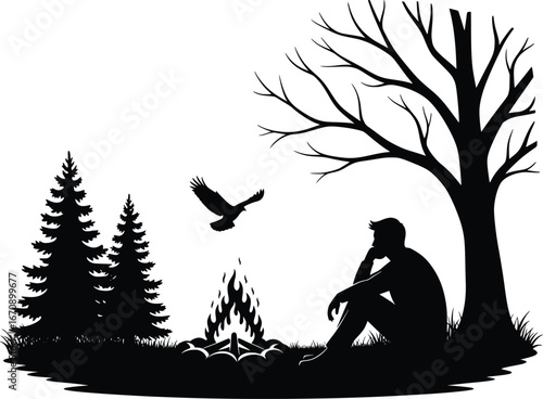 Silhouette of a person contemplating by a campfire under a tree with a bird flying overhead