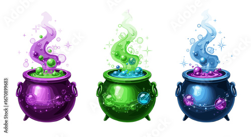 Magical cauldrons bubbling with mystical potions, each emitting swirling smoke. halloween theme