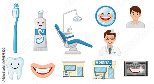 A collection of dental care objects and illustration with a doctor, a patient and teeth and gums with a toothbrush and a toothpaste