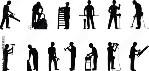 Male construction workers silhouettes using tools, wearing hard hats, operating machinery, standing, working, hammering, drilling, sawing, building, teamwork, labor, safety, industry