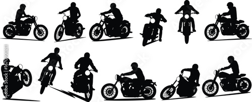 Motorcycle rider silhouette collection, various poses, bikers on vintage motorbikes, stunt, ride, front view, side view, vector art