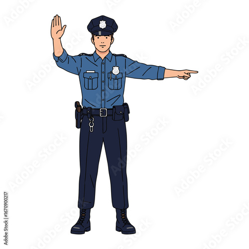 vector illustration of a male police officer wearing full uniform with cap, badge, and black boots, standing while giving traffic directions with hand gesture.Plain white background.