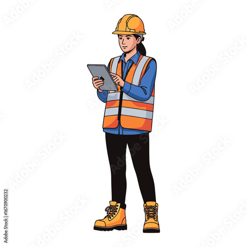 vector illustration of a female engineer wearing a yellow safety helmet, reflective vest, and work boots, holding a tablet while inspecting a site. Plain white background.