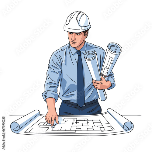 vector illustration of a male architect wearing a white helmet, formal shirt with rolled sleeves, holding blueprints and pointing to a construction plan. Plain white background.