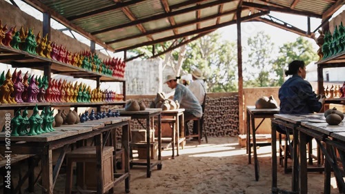 Skilled artisans meticulously shaping and painting vibrant clay figurines, showcasing the rich tradition of pottery making in a bustling workshop filled with shelves displaying finished artwork