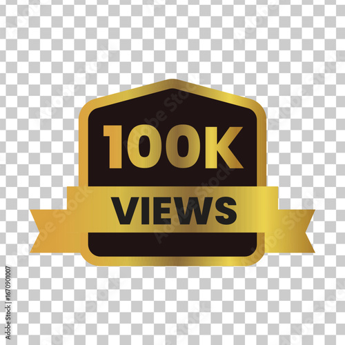 Golden shield badge with 100k views text and ribbon celebrating social media milestone achievement and online content success