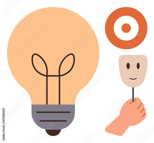 Light bulb symbolizing creativity, target representing goals, and a hand holding a mask signifying self-expression. Ideal for innovation, strategy, identity, goals, motivation, creativity
