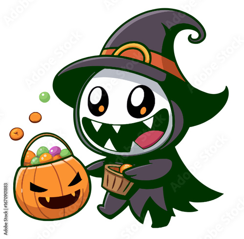 Cute ghost witch holding candy pumpkin bucket smiling happily
