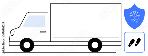 Truck in transit, blue shield with fingerprint for security, and tracking steps icon. Ideal for logistics, security, data protection, biometrics, transportation tracking innovation. Simple flat