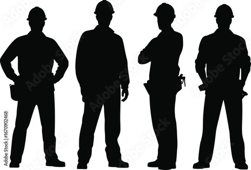 Group of construction workers silhouette, safety helmets, standing pose, workwear, professional team, industrial labor, engineering, building site, manual workers, teamwork concept