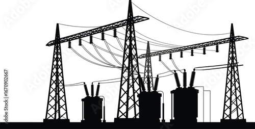 High voltage electrical substation silhouette, power lines, transformers, industrial energy infrastructure, electricity distribution, transmission towers, electrical grid, utility network