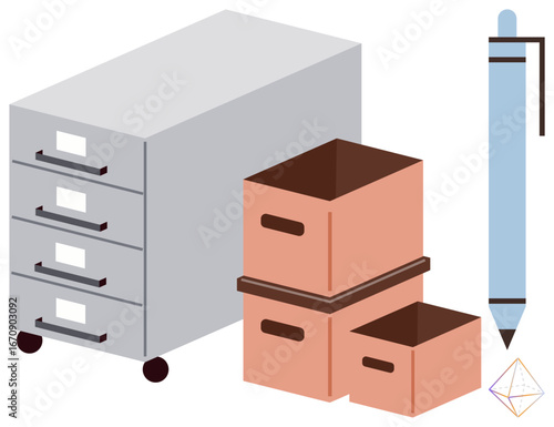 Filing cabinet, stackable storage boxes, pen, and geometry prism representing organization, storage, document management, workplace order, productivity efficiency teamwork. Ideal for office