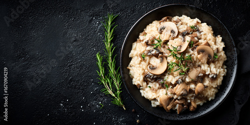 Risotto al Funghi or mushroom risotto in dish on dark background