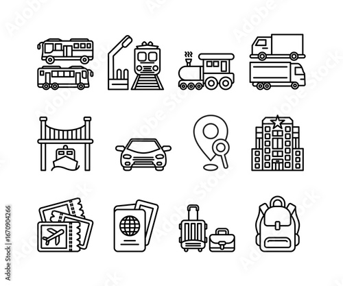 Minimalist travel and transportation outline icon set . Includes bus, train, car, truck, ship, bridge, passport, flight ticket, and more. Perfect for tourism, vacation, apps, websites, or infographics