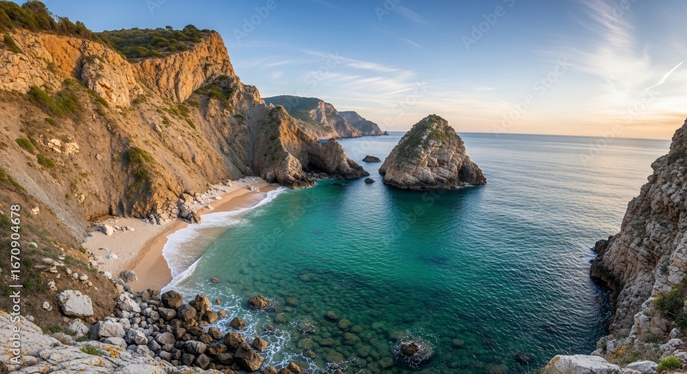 Obraz premium Scenic coastline with cliffs beach and turquoise water seascape