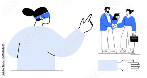 Woman exploring virtual technology, two professionals shaking hands, and an open hand gesture. Ideal for business communication, teamwork, innovation, VR, collaboration, and futuristic concepts