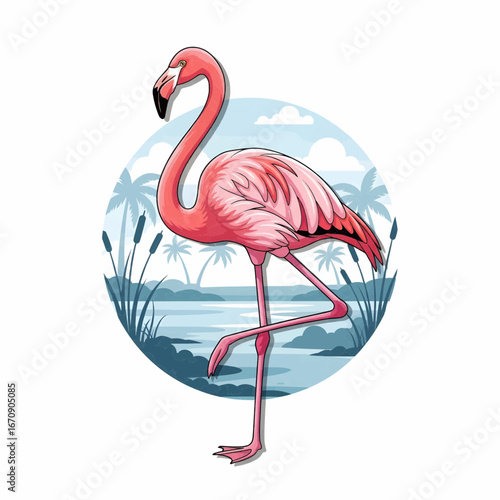 Elegant flamingo vector illustration with tropical habitat