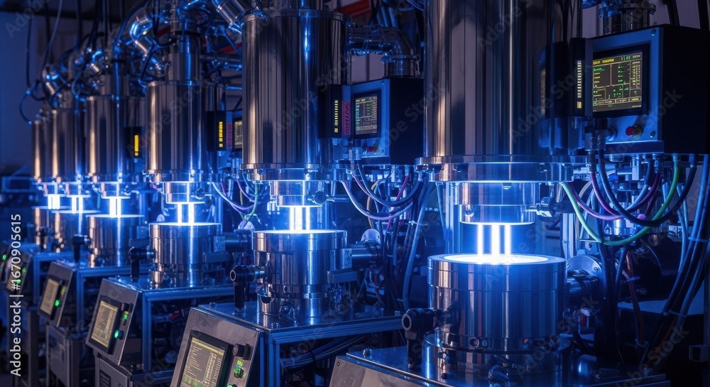Obraz premium Dynamic light reflections on metallic surfaces of deepultraviolet laser crystal growth furnaces operating simultaneously in an advanced facility.