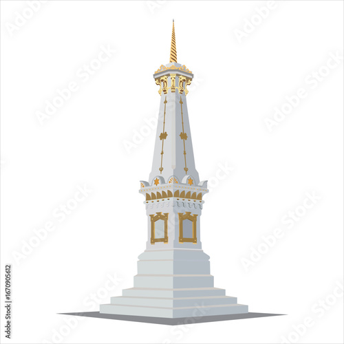 Stylized vector of Tugu Yogyakarta, an iconic Indonesian monument. Clean lines, gold accents, and cultural elegance in a minimalist architectural illustration