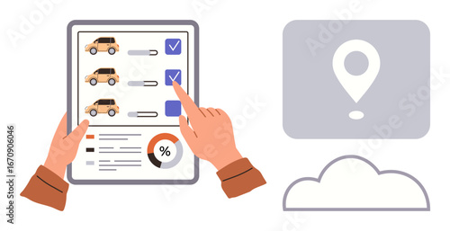 Hands using tablet to select cars from checklist, location pin and cloud symbol. Ideal for fleet management, car rental, logistics, inventory, decision-making, GPS technology, simple flat metaphor