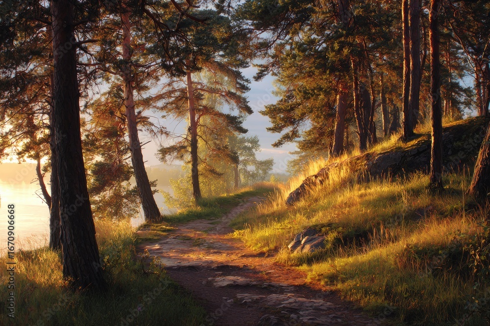 Naklejka premium Sunrise path through pine forest overlooking misty lake