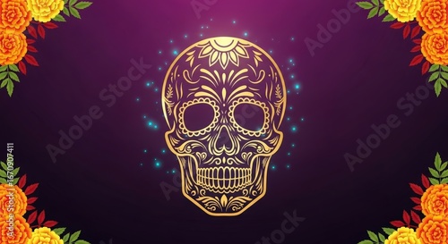 Ornate golden skull illustration with marigold flowers and sparkling effects against a dark purple backdrop.
