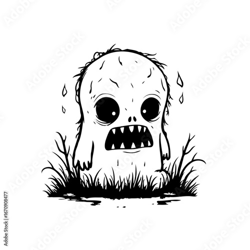 A bizarre creature illustration emerging from foliage with expression of fear and anxiety in