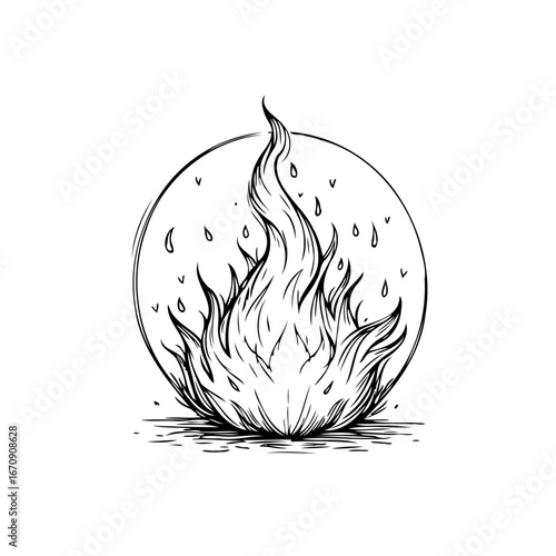 Abstract depiction of burning flames rising within a circular composition artistic expression