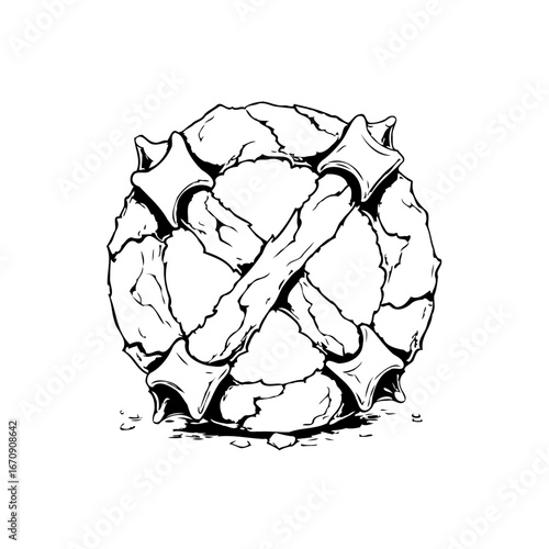 Abstract emblem design featuring a circular rocky element crossed with rugged wooden planks