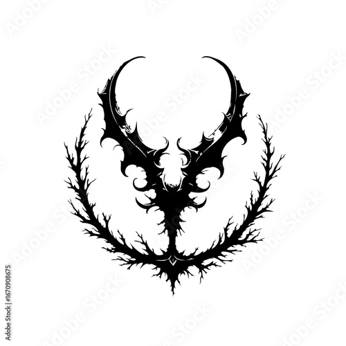 Abstract symbol composed of dark geometric figures with spiked elements inside a organic branch
