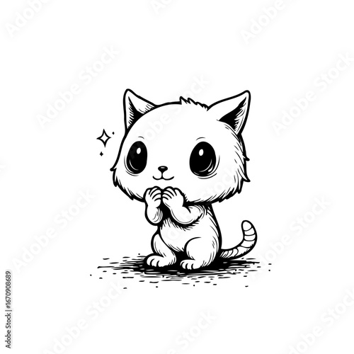 Adorable cartoon feline friend with expressive eyes and poised paws radiating innocent charm and