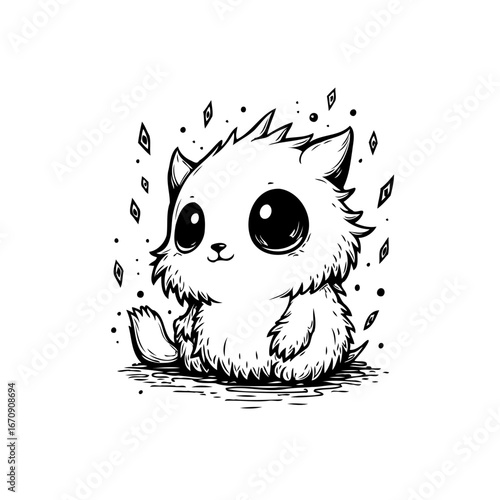 Adorable fluffy kitten illustration with big eyes surrounded by sparkling gem shapes artistic