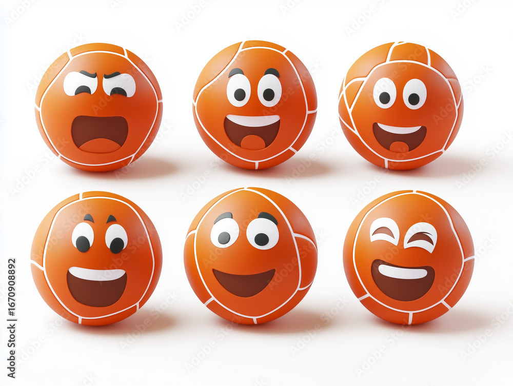 Obraz premium Six orange basketballs showing different emotions on white background
