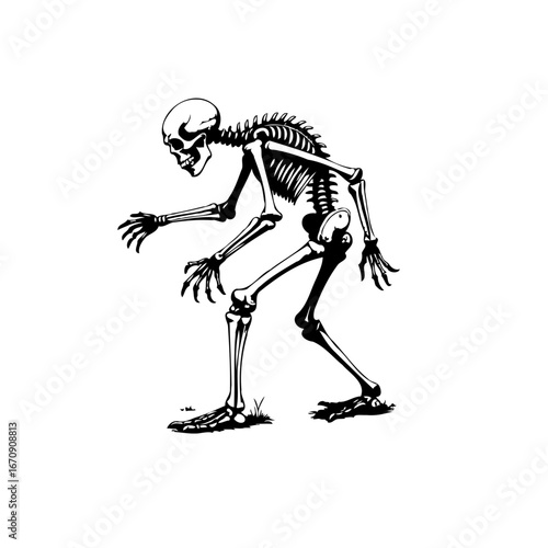 Artistic monochrome illustration of a human skeleton creeping forward with bony fingers and skull