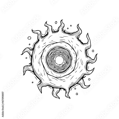 Artistic depiction of an organic pulsating core with ragged edges radiating energy and abstract