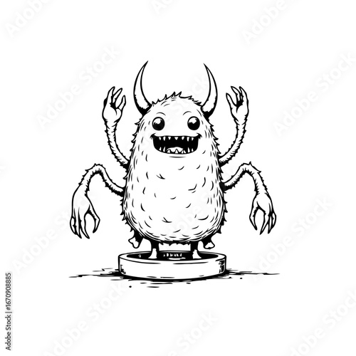 Cartoonish horned monster illustration standing happily on a platform with several arms and