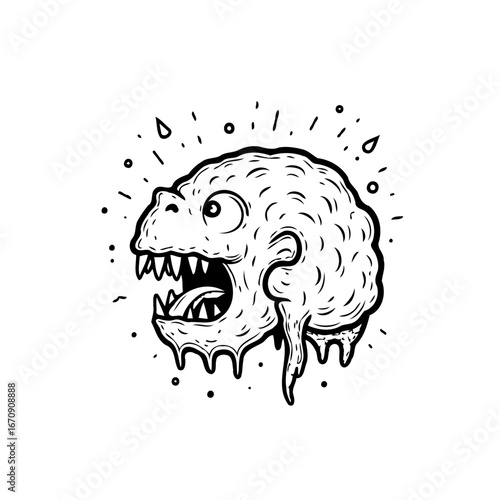 Cartoonish monster head illustration with dripping liquid and sharp teeth a whimsical artwork