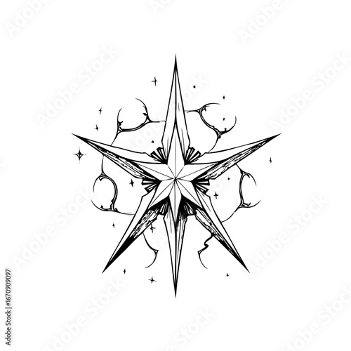 Cosmic star illustration evokes celestial mysteries and otherworldly realms in a monochrome