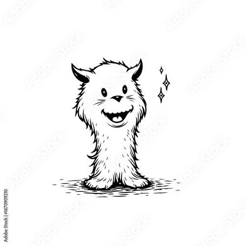 Delightful cartoon creature with a toothy grin radiating joyful sparkles in a whimsical