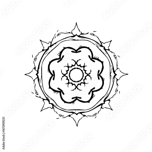 Detailed botanical illustration featuring circular symmetry with floral elements creating abstract