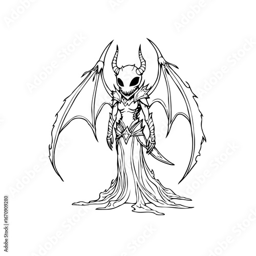 Detailed line drawing of a winged imp with decorative armor and a sword suitable for coloring pages