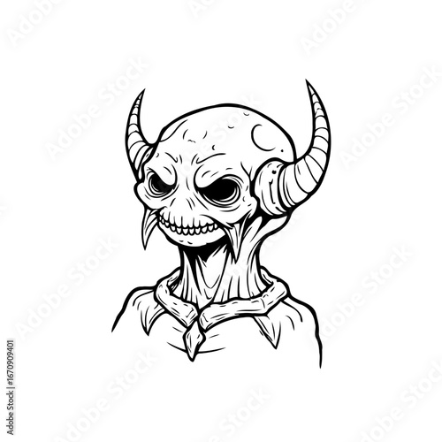 Eerie horned creature portrait illustration dark fantasy scary drawing nightmare surreal being