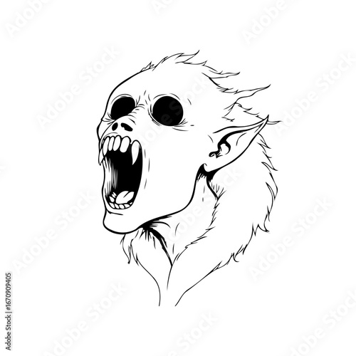 Eerie depiction of a fictional creature with gaping maw and jagged teeth a creepy line art
