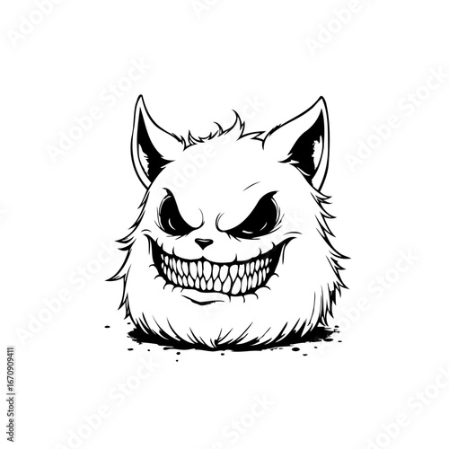 Eerie grinning feline apparition a monochromatic stylized sketch of an ominous creature design